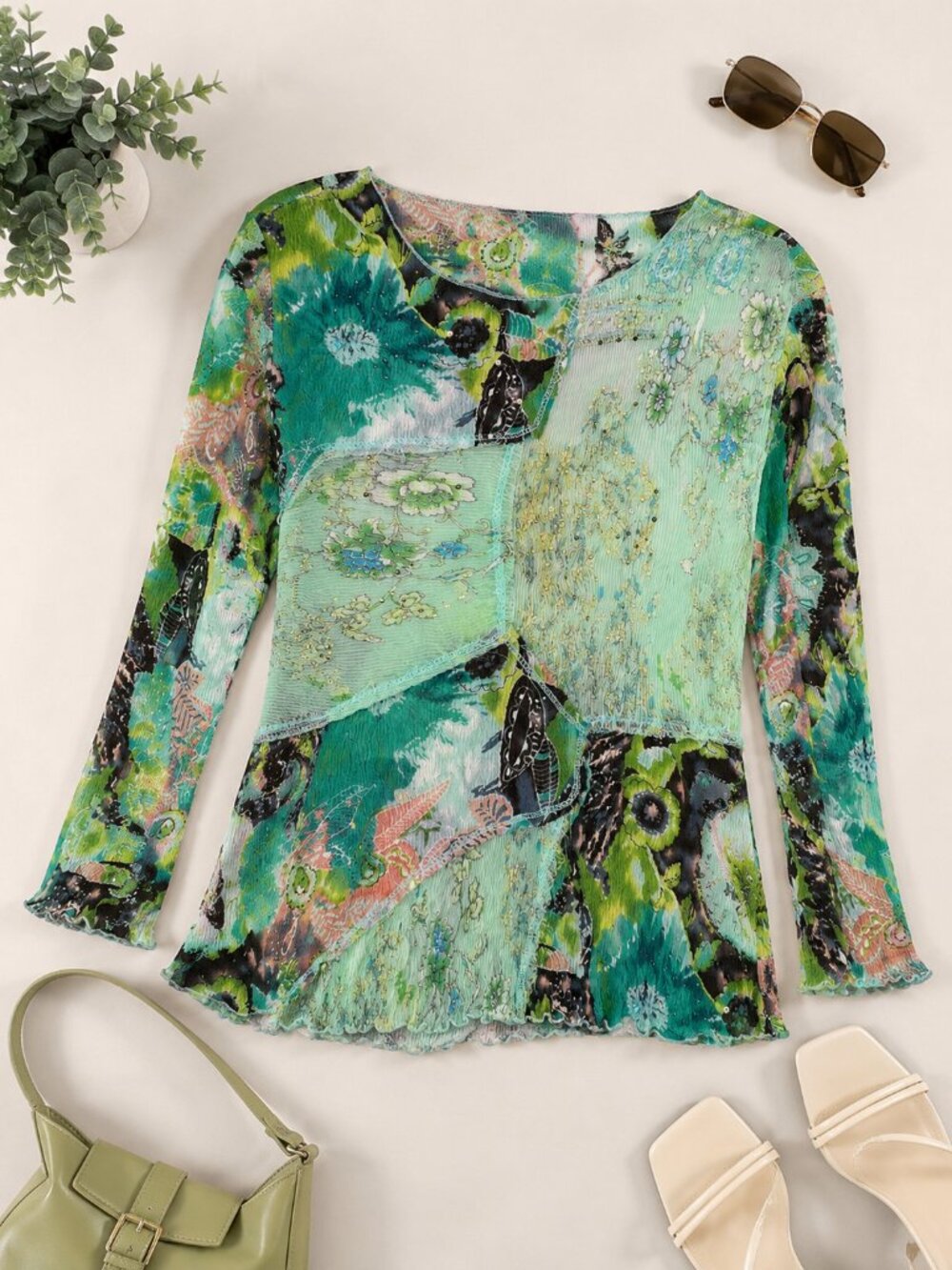 Patchwork Floral Sequin Crinkle Top Green Fairycore Whimsigoth Boho M